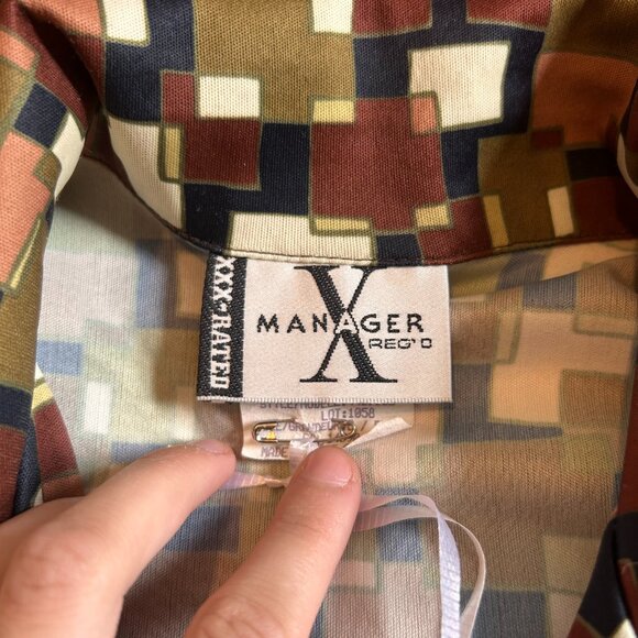 Late 1970s Geometric satin brown green square print button up from XXX manager - Picture 12 of 15